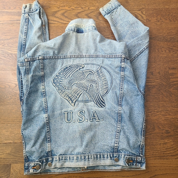 VTG Tyka Union Men's Denim Jacket Embossed American flag /eagle sz.M - Picture 1 of 12